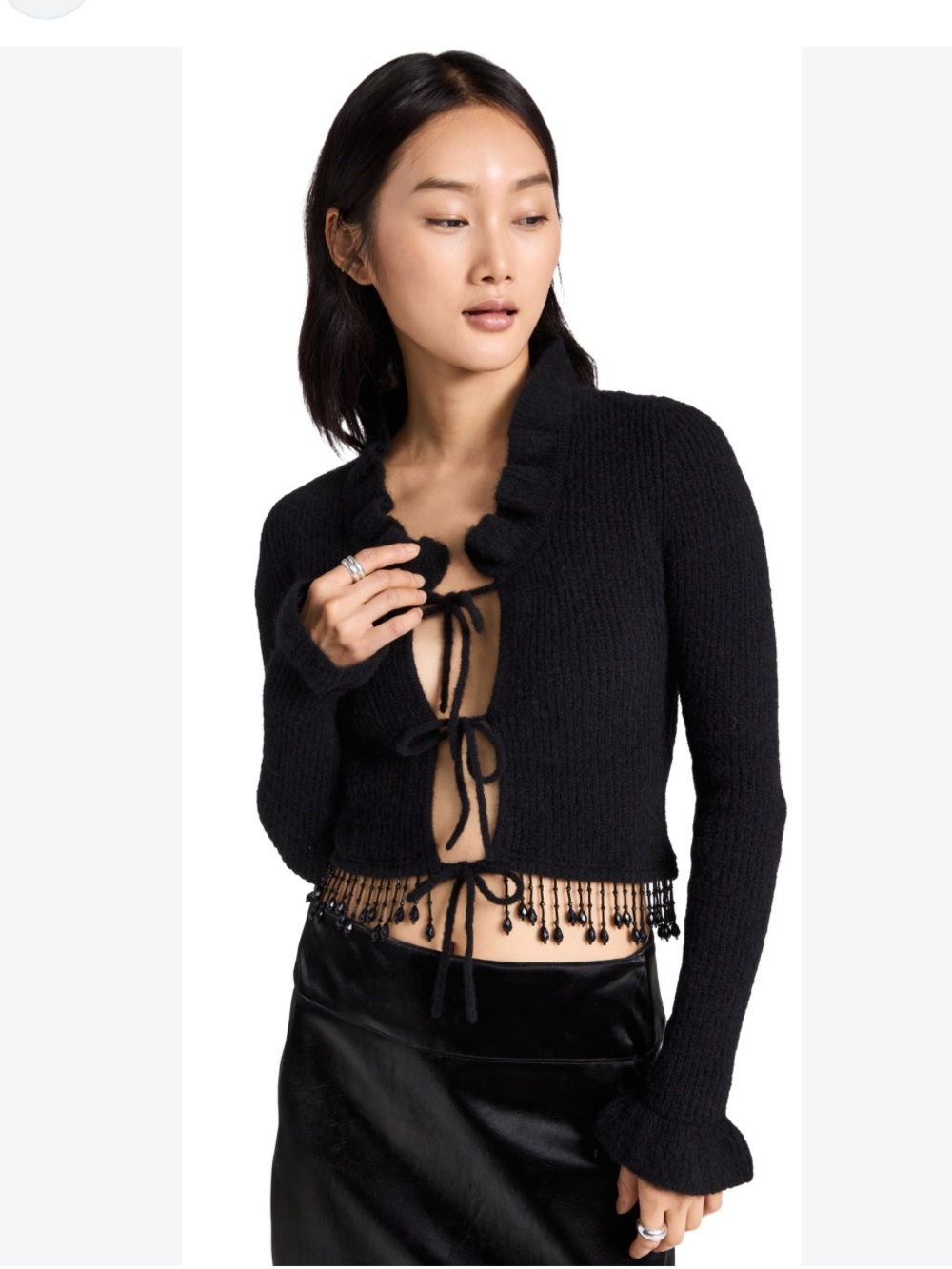 GANNI Beaded Fringe Knitted Cardigan Women’s Black Wool Blend Sz XL